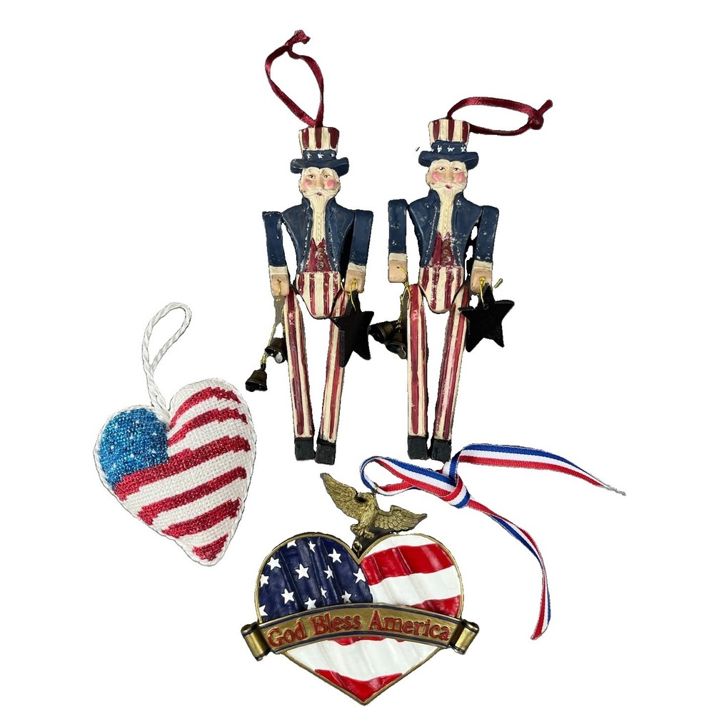 Lot of 4 Kurt Adler Vtg Folk Art Style Patriotic American Christmas Ornaments